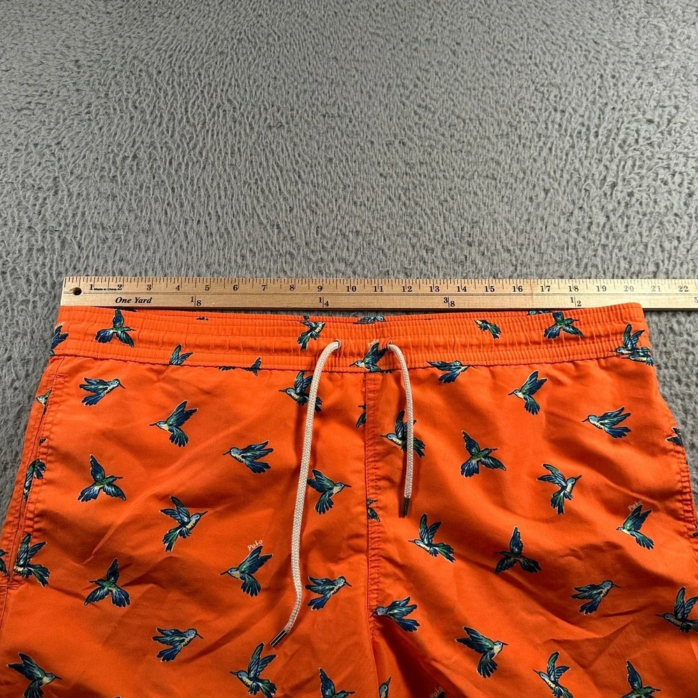 Polo Ralph Lauren Swim Trunks Mens L‎ Hummingbird Print Orange Drawstring Beach